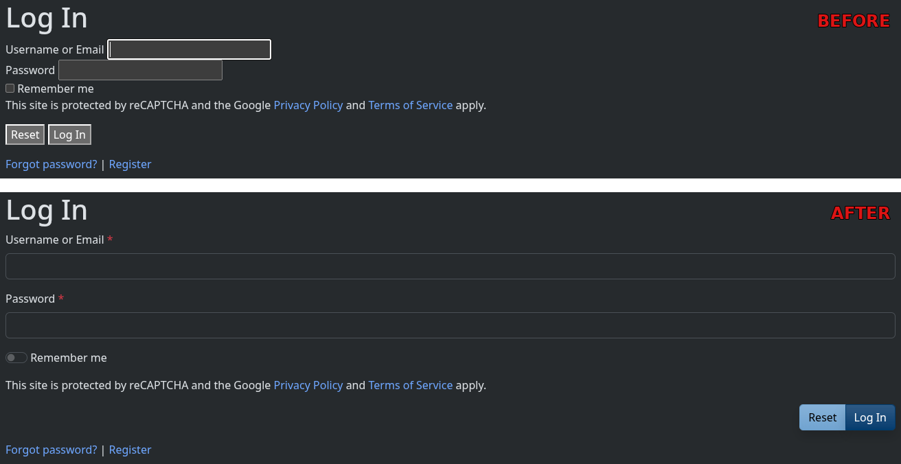 Before and after comparison - form styling without and with Bootstrap 5 theme